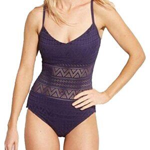 Aqua Green Crocheted Lace One-Piece Swimsuit  Navy Blue